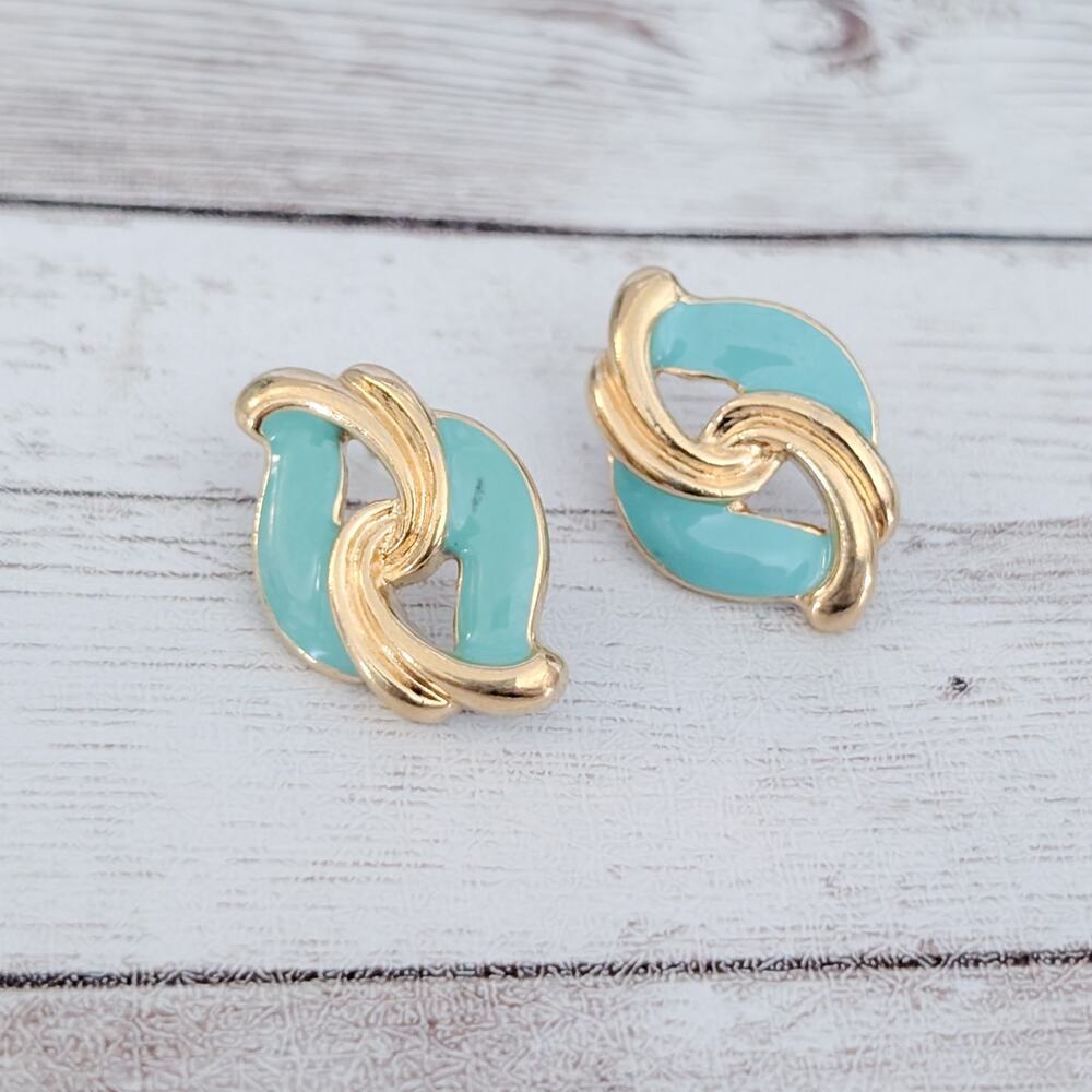 Vintage Stud Earrings Gold Tone & Seafoam Green Statement